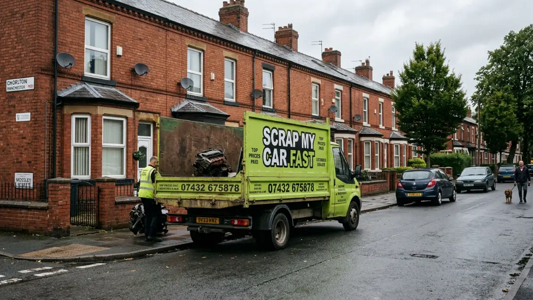 Scrap vehicle on residential street