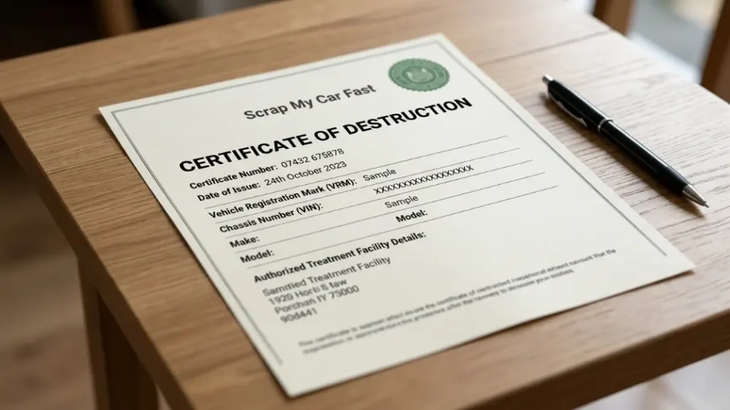 Certificate of Destruction issued after a car is scrapped at a licensed ATF