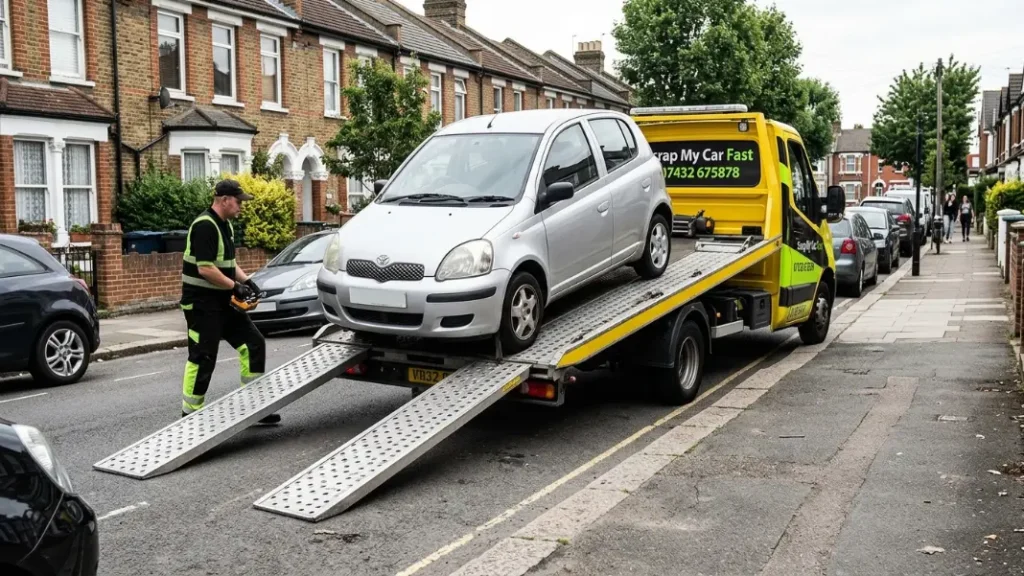 Scrap car being loaded onto a flatbed collection truck in Manchester