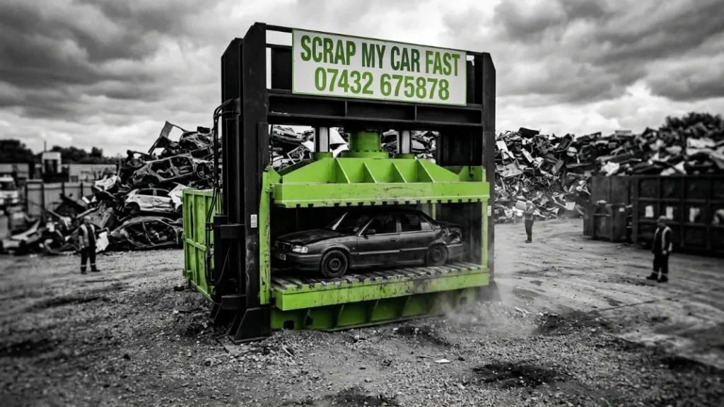 Hydraulic car crusher compacting a vehicle into a metal cube at a Manchester scrapyard