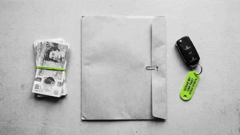 Car key and empty document folder on a table representing scrapping a car without a V5 logbook