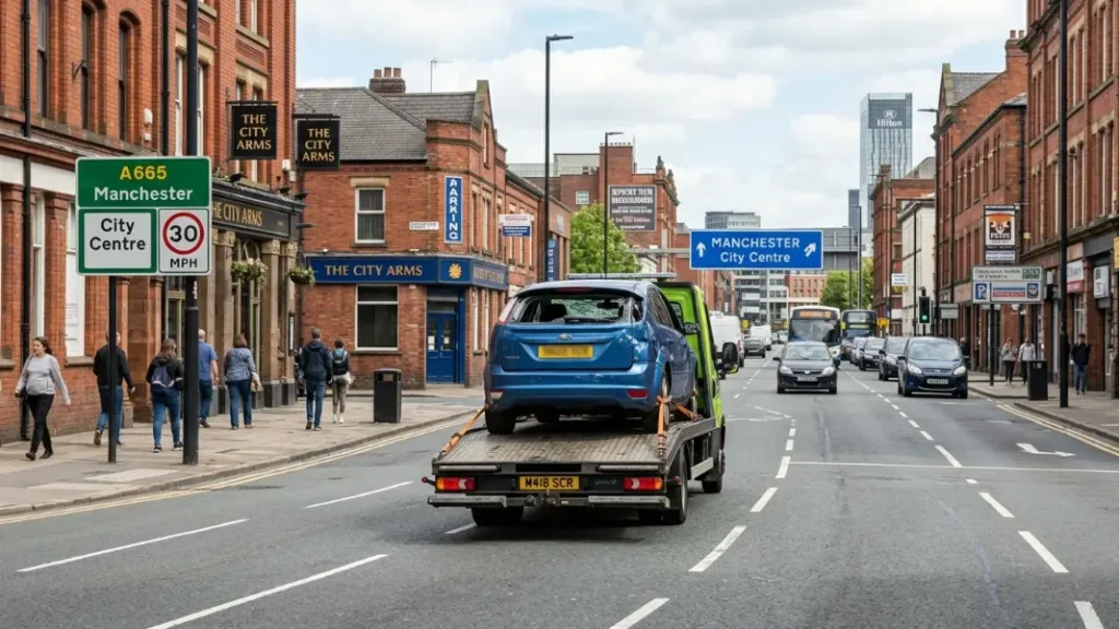 Flatbed truck collecting a written-off car for scrap in Manchester