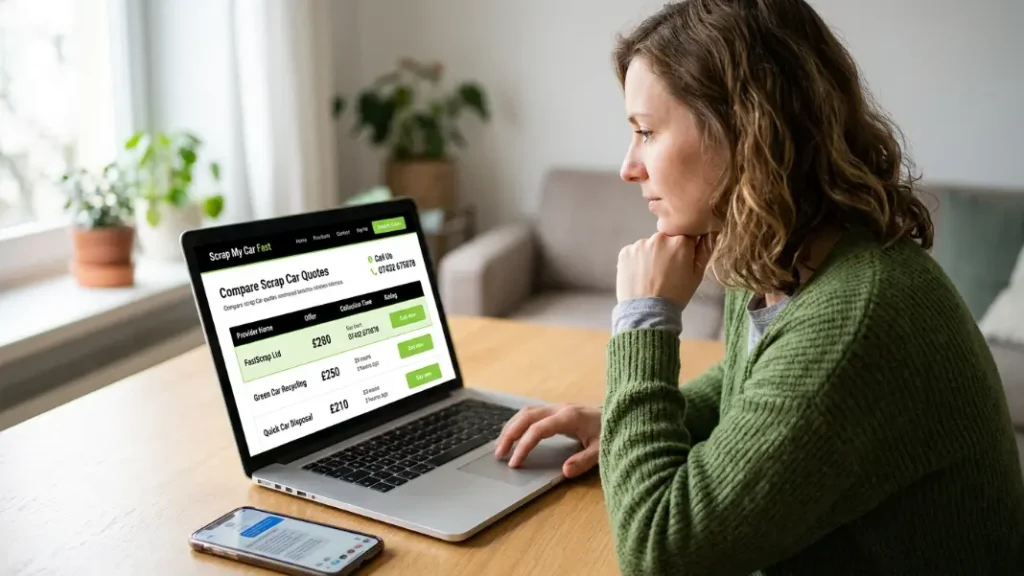 Person comparing scrap car quotes online on a laptop