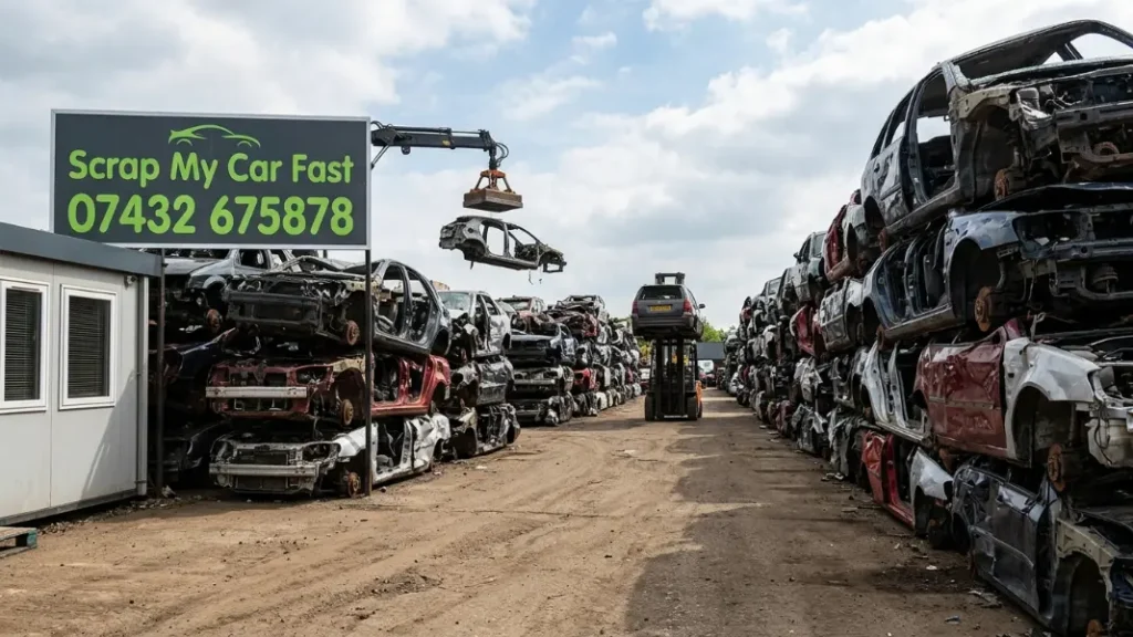 Rows of scrap cars at an Authorised Treatment Facility in Manchester