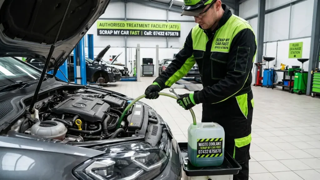 ATF technician depolluting a car engine bay by draining fluids before crushing