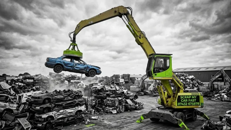 Car being lifted by crane magnet at a Manchester scrapyard during the recycling process