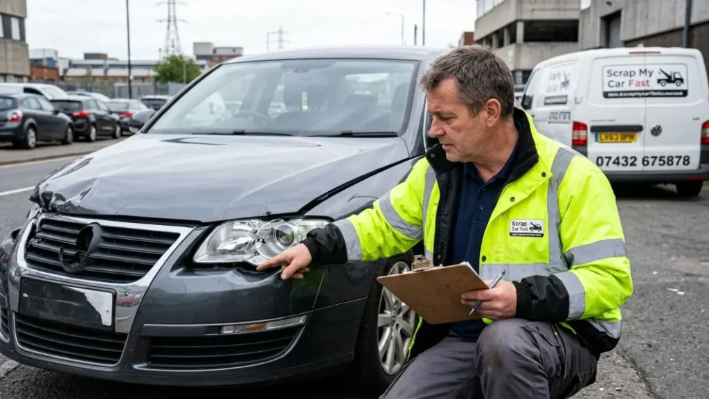 Insurance assessor examining accident damaged car write-off