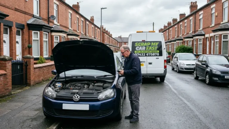 Broken down car with bonnet up on a residential street in Manchester waiting for scrap collection