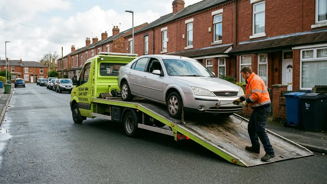 Car loaded onto collection truck