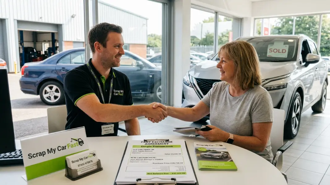 Dealership handshake scene with a salesperson and customer at a desk, paperwork for both the old and new car visible -- representing the simplicity of a single-transaction part exchange