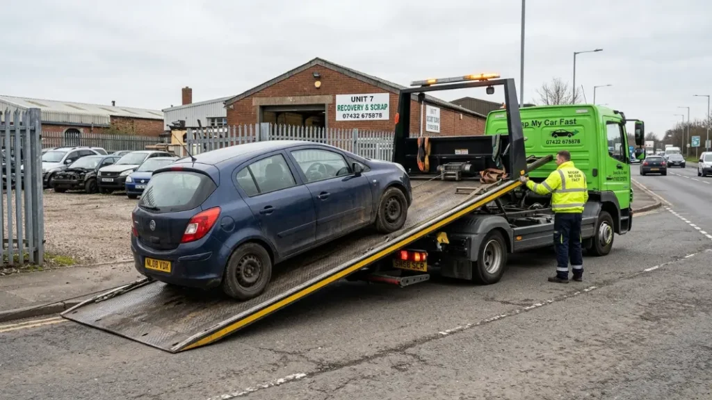 Flatbed recovery truck collecting a non-runner car for scrap in Manchester