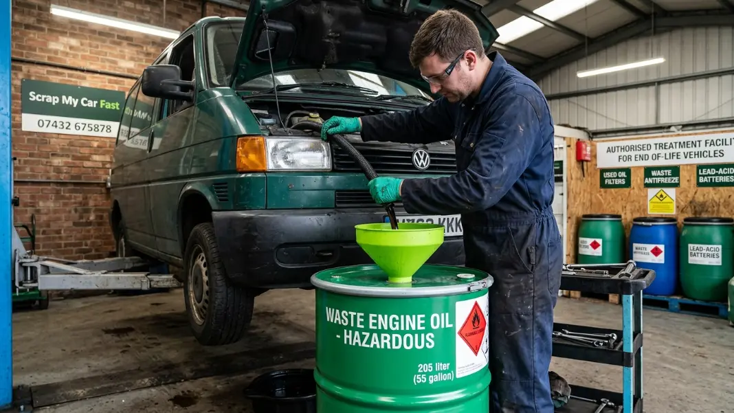 Mechanic draining engine oil drum