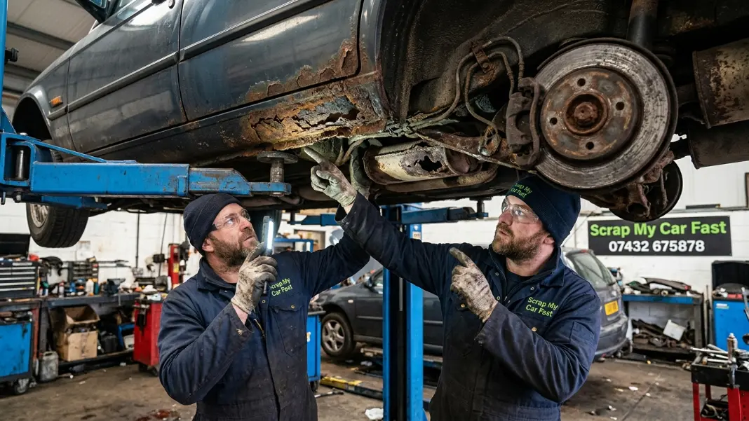 Mechanic pointing at a heavily corroded underside of a vehicle on a ramp, showing multiple failure points including structural rust, exhaust corrosion and worn brake components