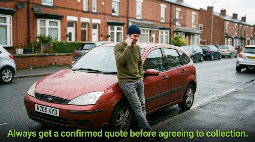 Person on Phone Next Scrap Car
