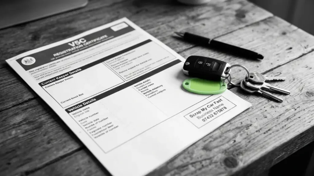 V5C vehicle registration certificate next to car keys