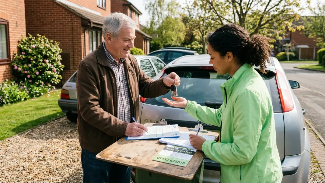 Private seller handing car keys to a buyer in a residential driveway, both signing paperwork -- illustrating the manual effort involved in a private transaction