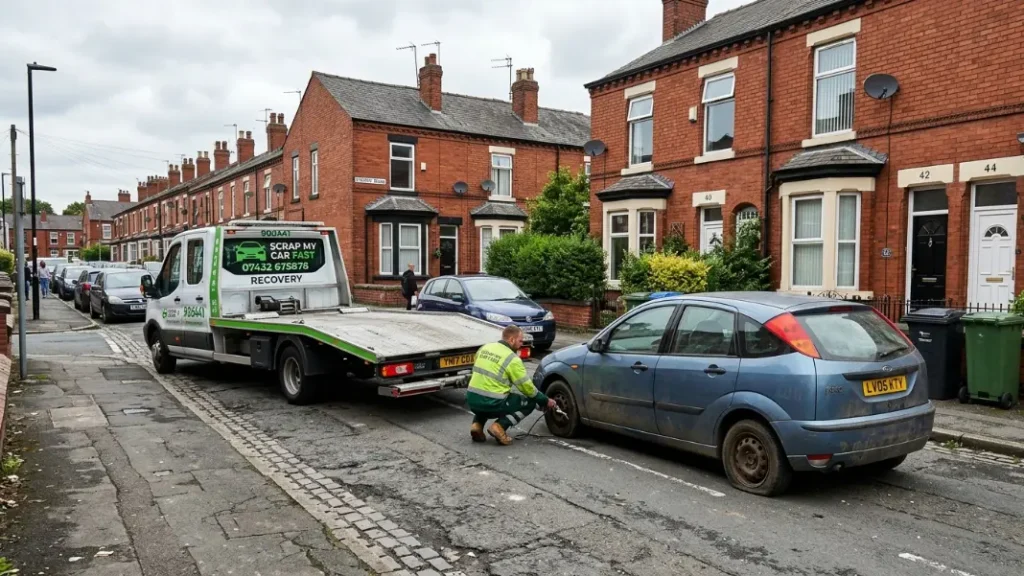 Scrap car collection driver attaching winch cable to non-runner outside a Manchester house