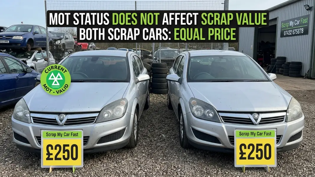 Two identical cars side by side -- one with a current MOT sticker visible, one without -- with equal price tags underneath both, illustrating that MOT status does not affect scrap value