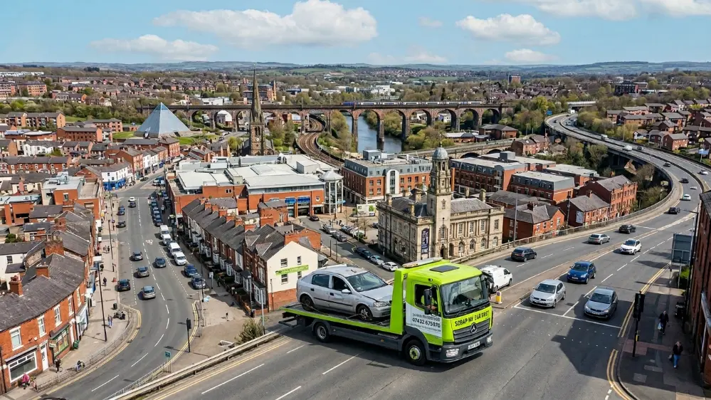 Aerial view of Stockport Greater Manchester showing the area covered by scrap car collection services