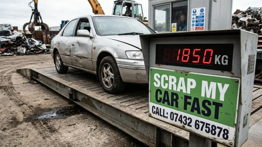 Car being weighed on a scrap yard weighbridge to determine scrap value