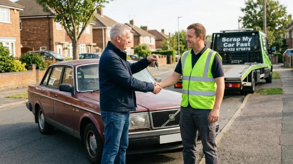 Car owner handing keys to scrap car collector outside their home in Manchester
