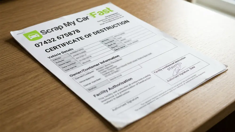 Certificate of destruction document issued after a car is scrapped at an authorised treatment facility in Bury