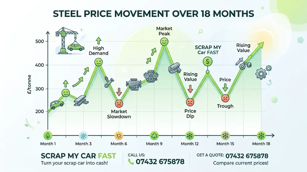 Chart showing UK scrap steel price movement over 18 months illustrating why scrap car values fluctuate