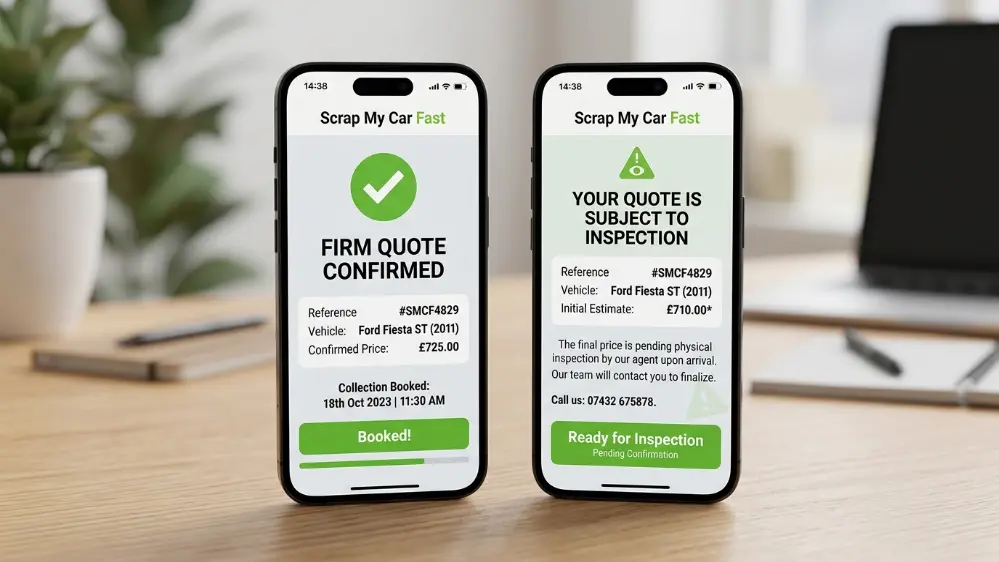 Comparison of firm scrap car quote versus inspection-based estimate on two phone screens
