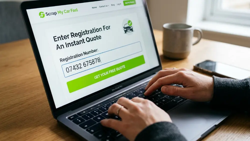 Entering a car registration number into an online scrap car quote form on a mobile phone
