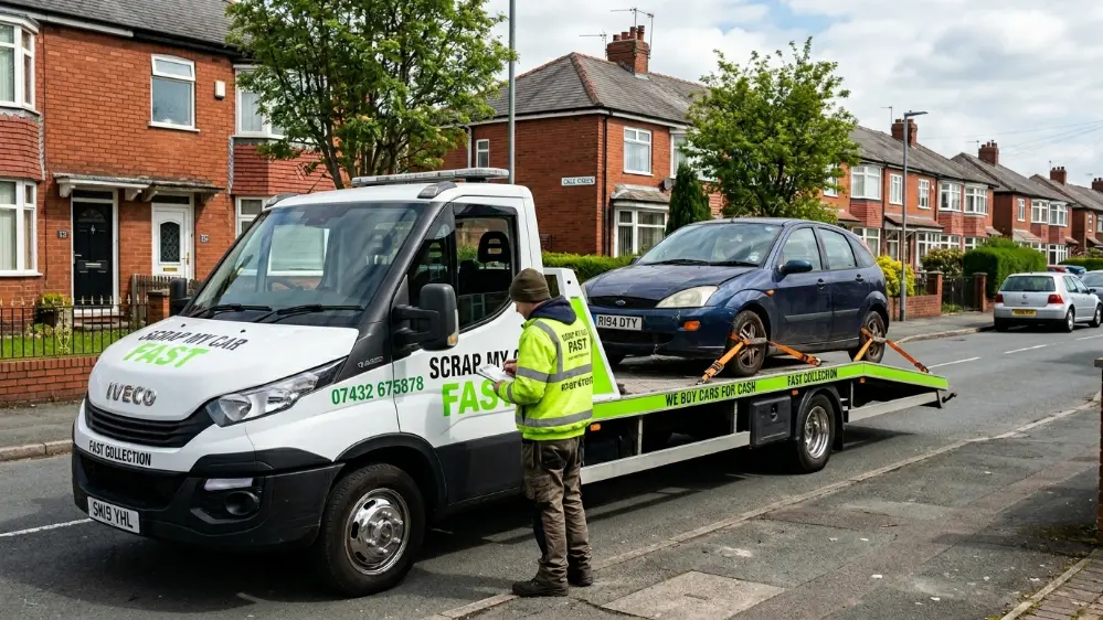 Flatbed truck collecting a scrap car from a Stockport residential address on same-day collection