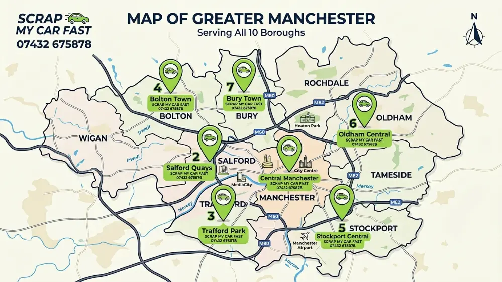 Map of Greater Manchester showing scrap car collection coverage across Manchester, Salford, Bolton, Bury, Stockport and surrounding areas