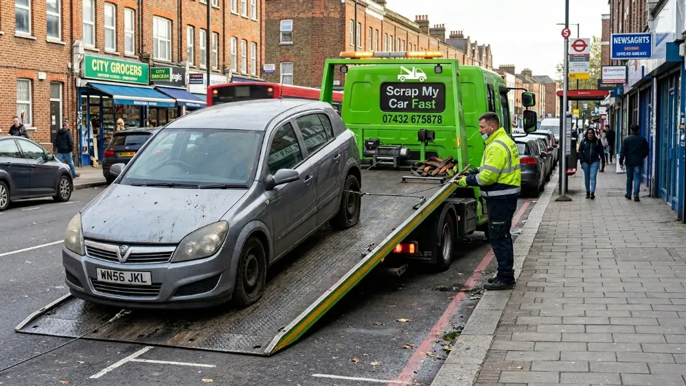Non-runner car being winched onto a flatbed for scrap collection in Bolton