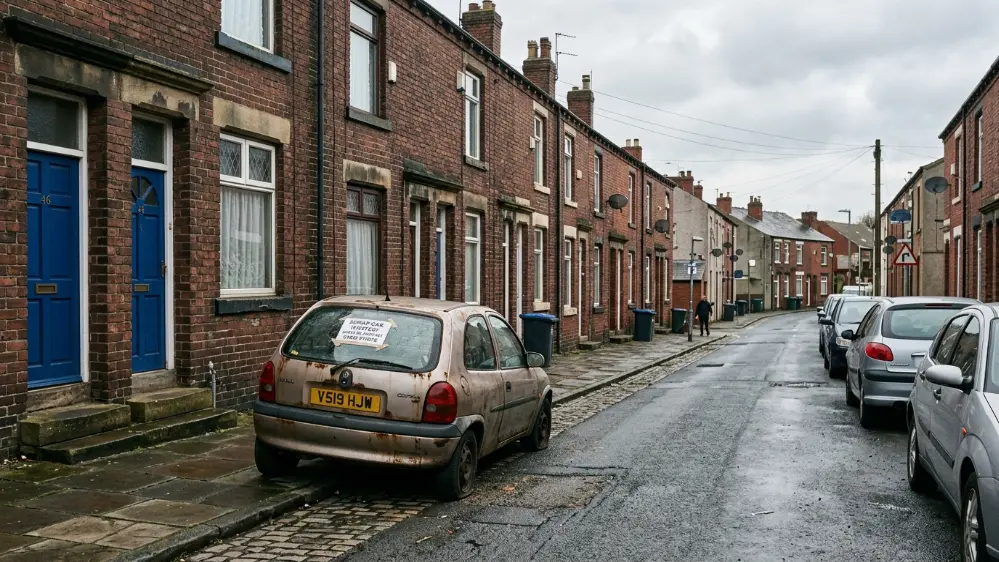 Old car parked outside a terraced house in Bury Greater Manchester ready for scrap collection