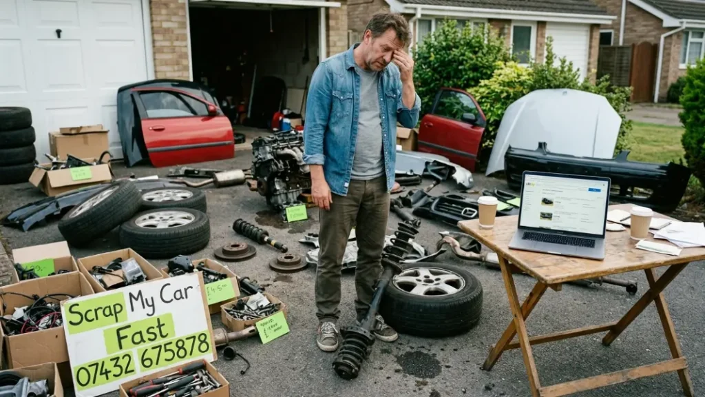 Person surrounded by dismantled car parts on a driveway trying to sell them online