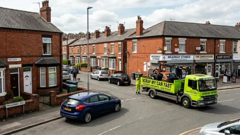 Scrap car collection in Stockport on a residential street with Greater Manchester skyline in background