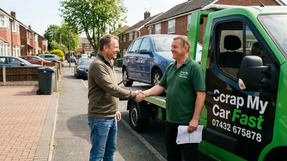 Scrap car driver and Bury homeowner completing vehicle collection handover