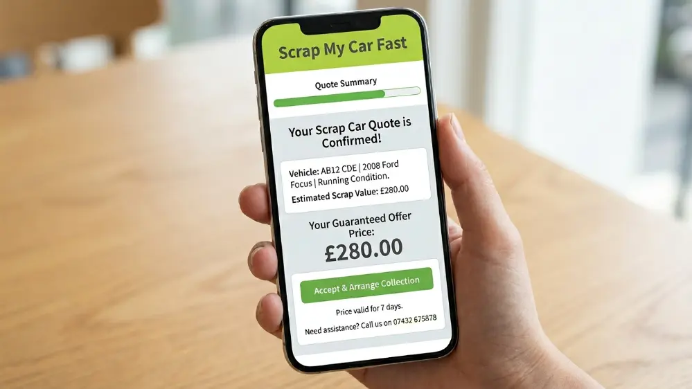 Scrap car quote being confirmed on a phone screen showing instant price