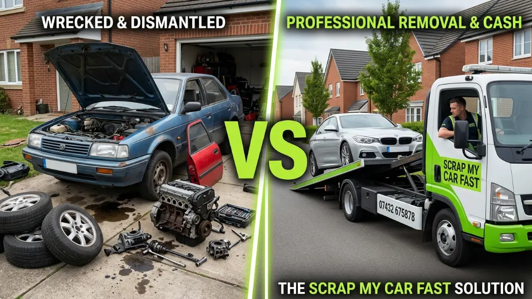 Sell car for parts vs scrap car comparison showing dismantled vehicle on left and scrap collection on right