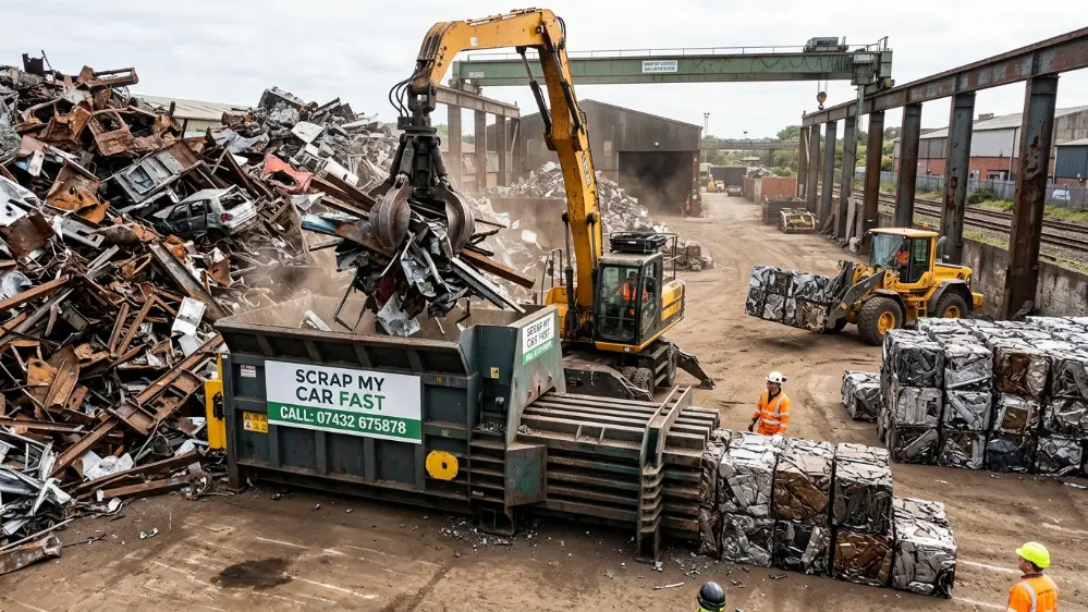 Steel scrap metal being processed at a UK authorised treatment facility