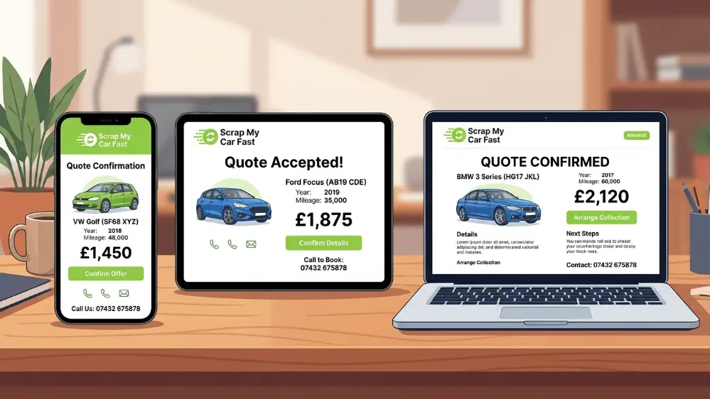 Three different scrap car quotes shown on mobile phone tablet and laptop for price comparison