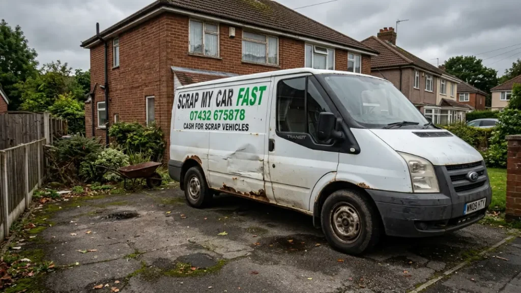 Damaged and worn-out panel van ready for scrap collection in Manchester