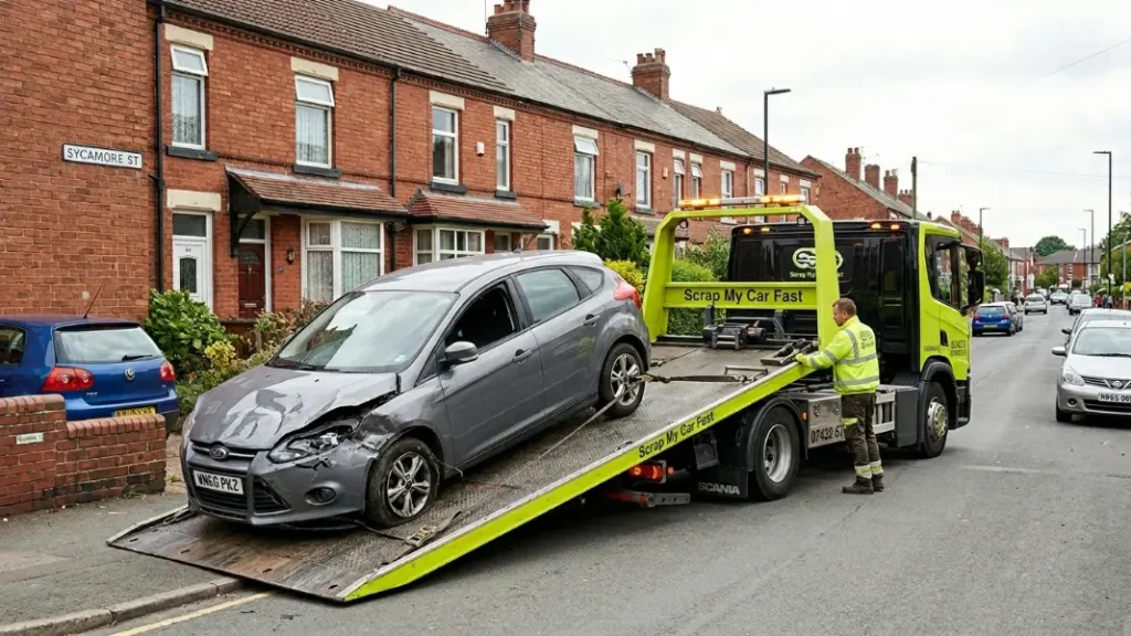 Flatbed recovery truck collecting a non-running car from a Greater Manchester residential street
