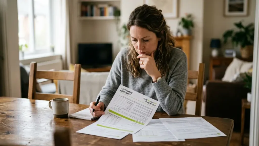 Person reviewing a car finance agreement before deciding to scrap the vehicle