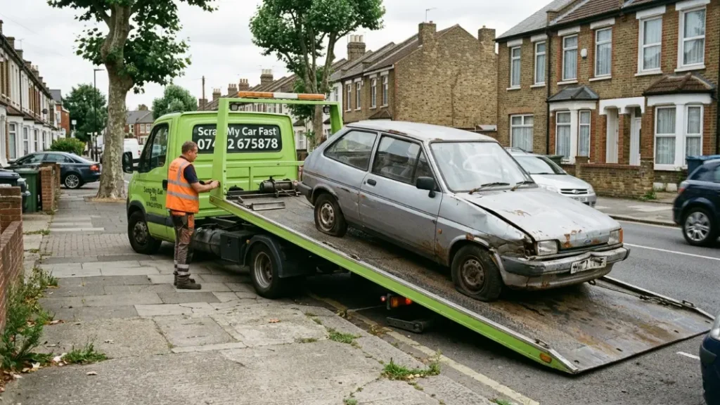 Scrap car being collected by flatbed truck in Manchester after finance settlement