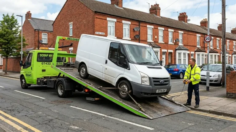 Scrap van collection service loading a Ford Transit onto a flatbed recovery truck in Greater Manchester