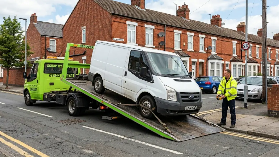 Scrap van collection service loading a Ford Transit onto a flatbed recovery truck in Greater Manchester
