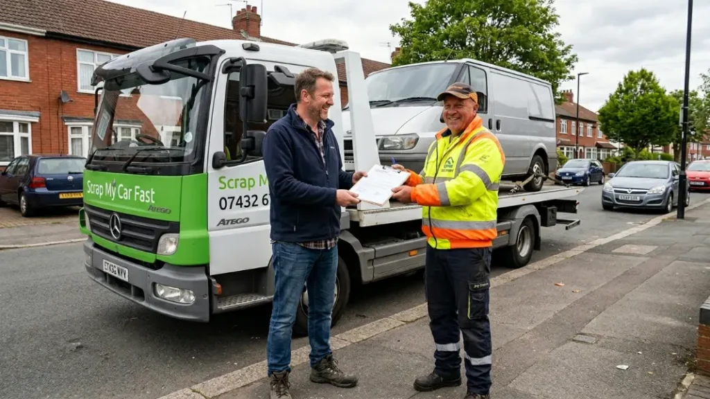 Van owner completing scrap van paperwork with collection driver in Greater Manchester