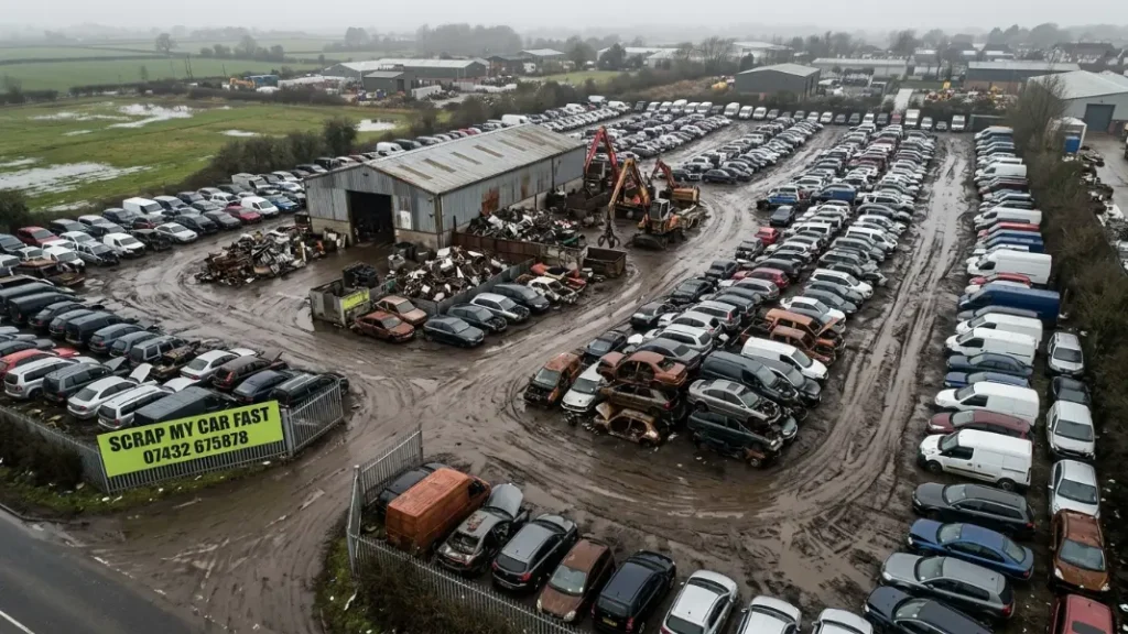 Inside a Greater Manchester scrap yard showing rows of end-of-life vehicles