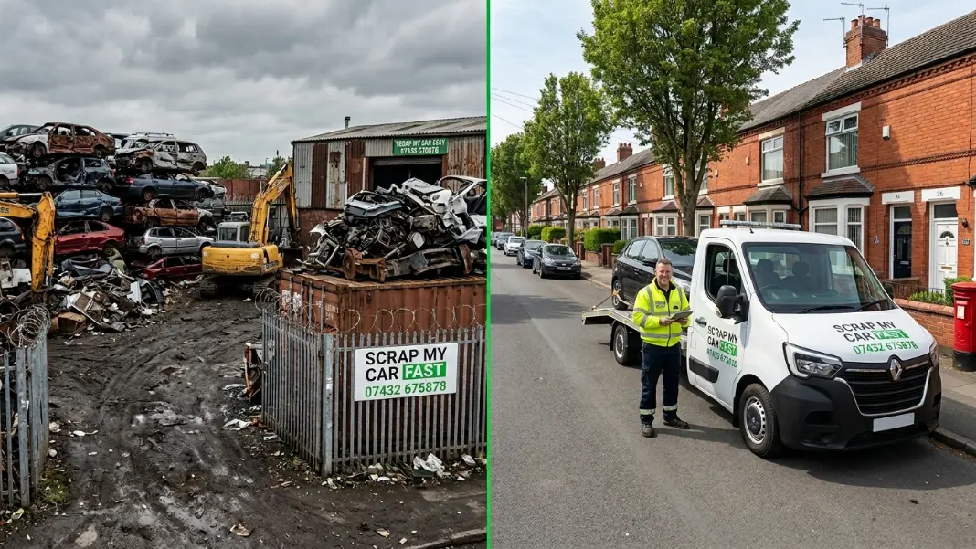 Scrap yard full of crushed cars vs doorstep car collection service in Greater Manchester