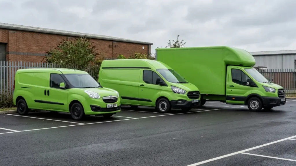 Different van sizes lined up showing small medium and large panel vans for scrap value comparison